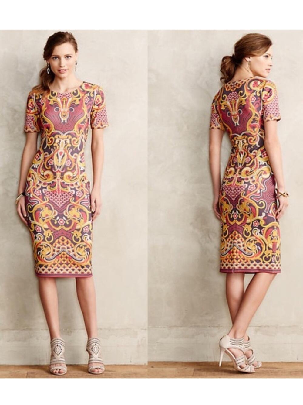 Pankaj & Nidhi Anthropologie Onida Embroidered Pencil Dress size 4 Yellow Gray